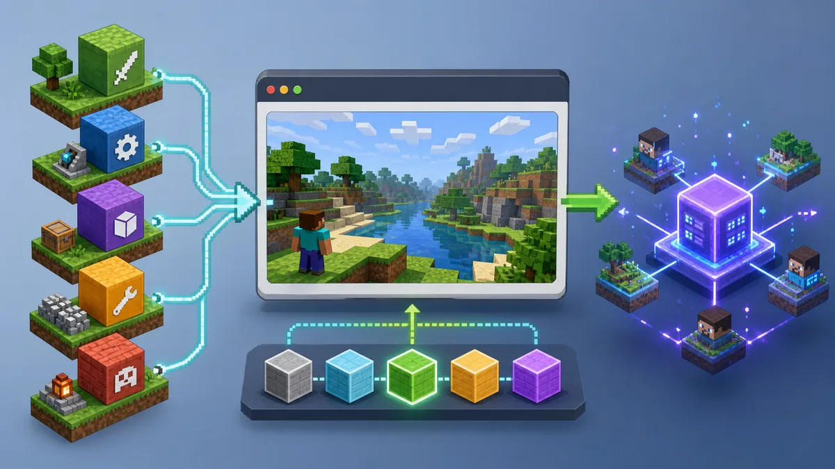 Concept image showing Eaglercraft mod compatibility between browser client, version blocks, and multiplayer server
