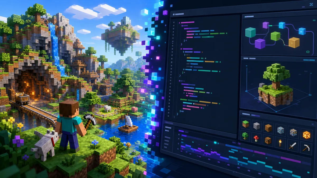 Editorial illustration of Eaglercraft modding with a voxel world and browser code workspace