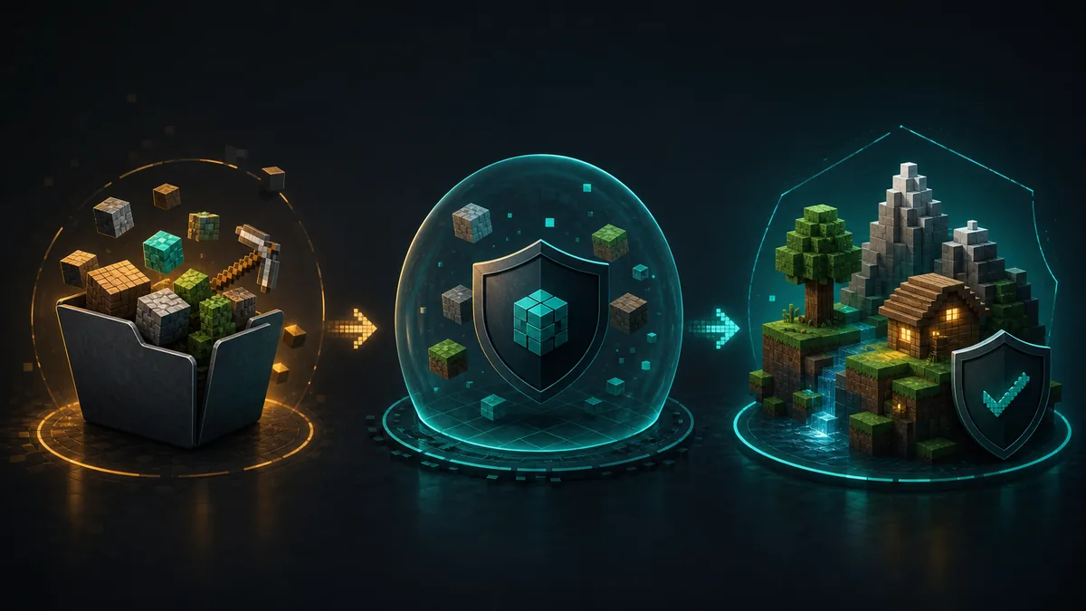 Concept image showing a safe Eaglercraft mod testing flow from source check to browser sandbox to test world