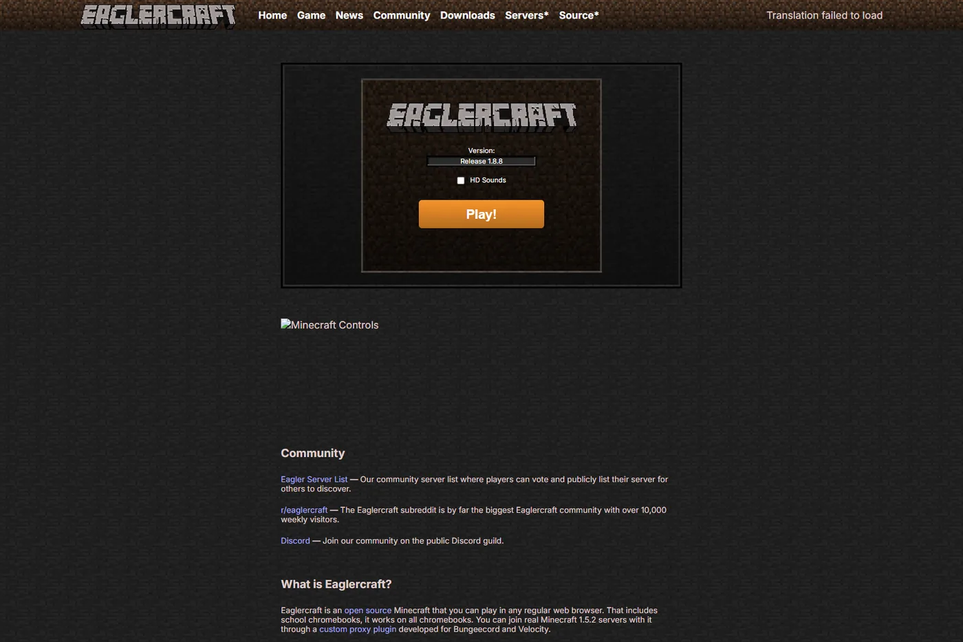 Official Eaglercraft 1.8.8 launcher before shader testing