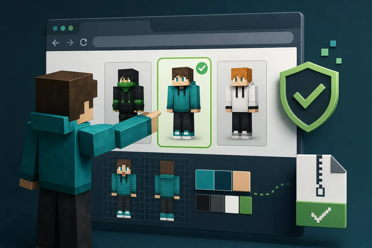 Editorial illustration of a blocky Eaglercraft player choosing a safe custom skin file in a browser context