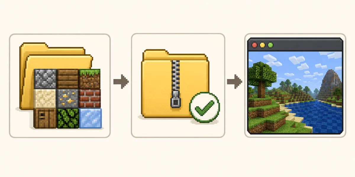 Editorial step flow showing how to choose, keep, and test an Eaglercraft texture pack ZIP in a browser world