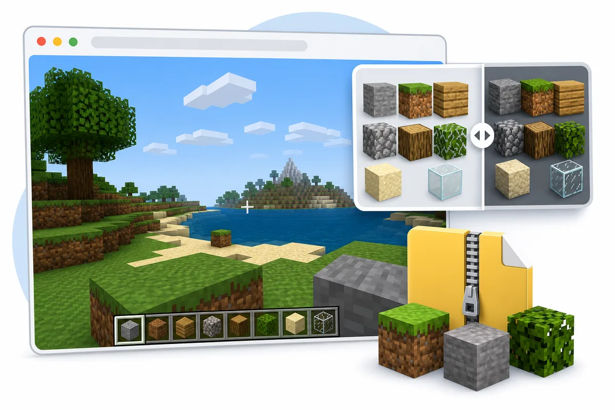 Editorial illustration of Eaglercraft texture packs with voxel blocks, a browser scene, and a resource pack ZIP file
