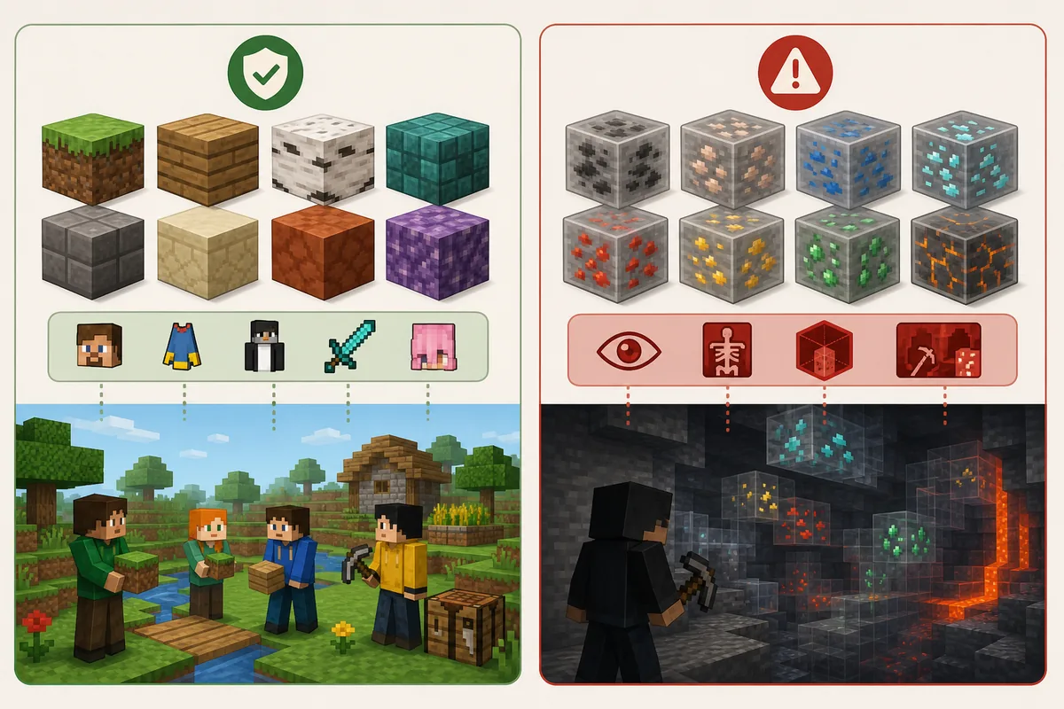 Editorial comparison of normal Eaglercraft texture packs and risky X-ray style resource packs